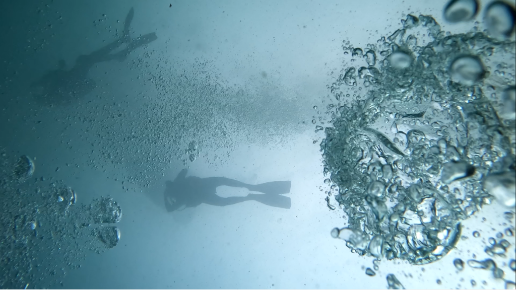 From below, two divers swiming underwater. Big bubbles surround them around the frame of the image.