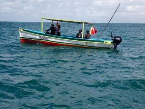 In the center of the frame a boat is pointed left. There are four people in the boat. Two men sitting in the back and a man and woman talking at the front. The boat is a simple wooden frame painted green, white and red with a single motor. Written on the side is the word "Mariamo." On top the boat had a bright green wooden cover with a red and white flag. Other than the boat the image is blue ocean and the top 1/8 of the frame is cloudy sky.