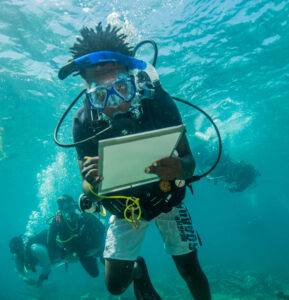 An image of a scuba diver holding a clipboard under water. He is hovering above a field of debris including plant material and cannon balls. In the background, three other divers are visible. The diver in the foreground is a Black man wearing white swim trunks and a clear and blue dive mask.