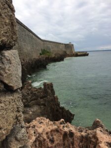 The image is over a stone wall as it meets the ocean. Along the left side of the image, the gray stone wall sits on a level of black rock and beneath that green water stretches' into the rest of the frame. The background is of a cloudy gray sky.