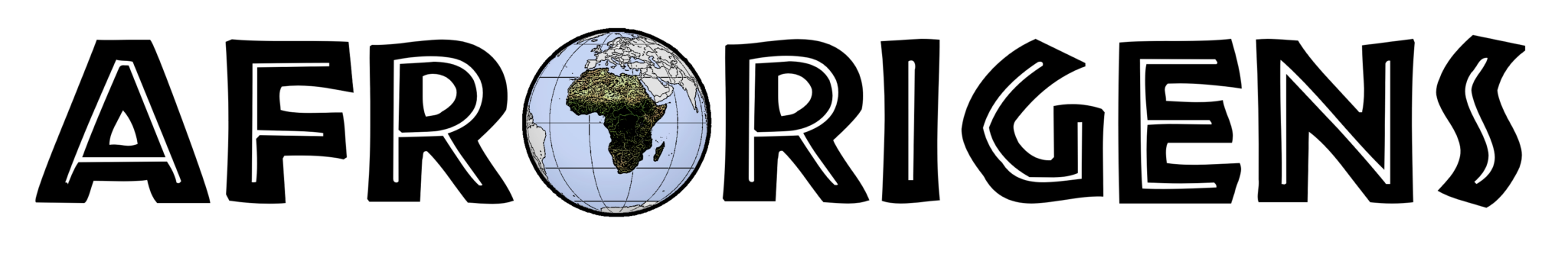 AfrOrigens logo. The logo font is a large block, all capital letters font. The "O" in AfrOrigens is a globe with Africa in the center of the globe.