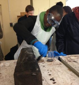 a person wearing lab goggles and medical gloves brushing an piece of wood on the table in front of them.