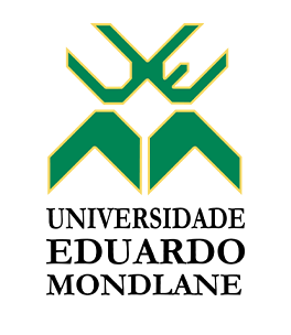 Universidade Eduardo Mondlane logo. At the top of the logo the letters "U" and "E" are tilted at a 45 degree angle in green, with a yellow outline. Below that is a stylized letter "M" in green with a yellow outline. Below that logo in black block text it says "Universidade Eduardo Mondlane."