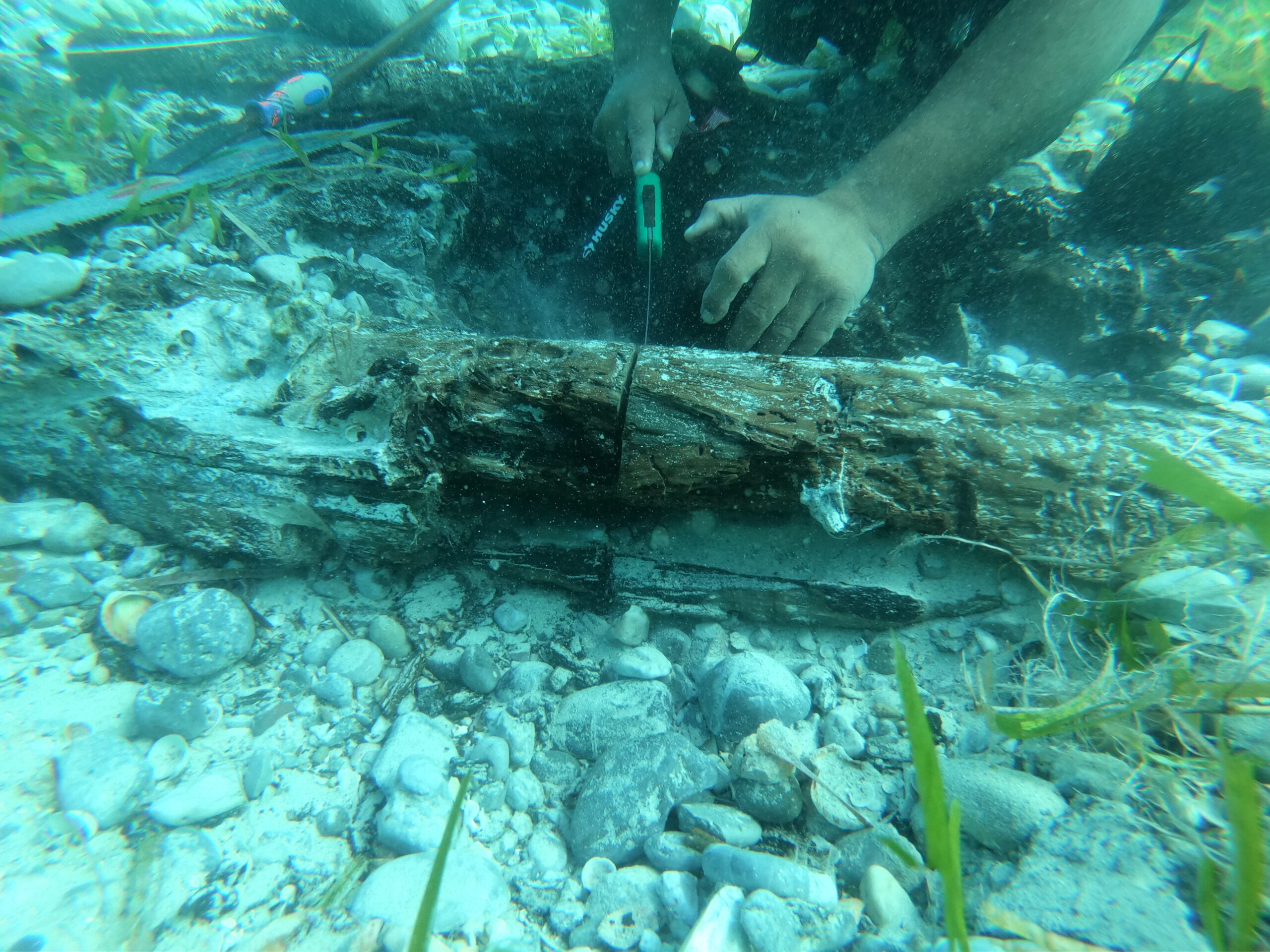 Timber sample being taken of the suspected wreck of the L'Aurore, 2022. Photo by Marc-André Bernier.