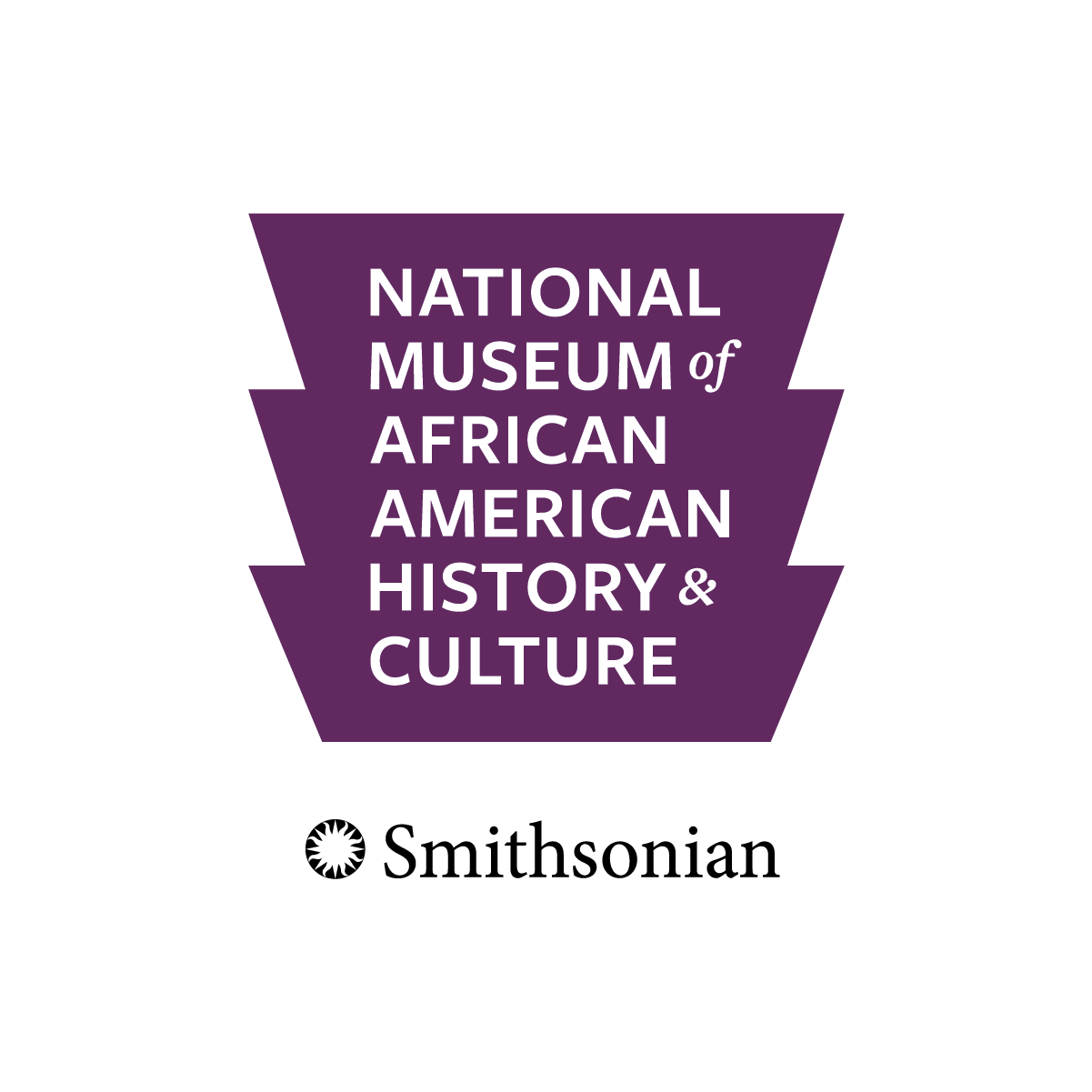 National Museum of African American History & Culture Logo with Smithsonian Logo. The top of the logo is a shape with a flat top and bottom but triangular, jagged sides. It is purple and within the shape is the title "National Museum of African American History & Culture" in white block text. Below the purple shape is a black circular starburst with a white center and the word "Smithsonian" written in black text.