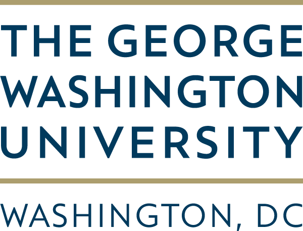 The George Washington University: Washington, D.C. logo. The logo is in dark blue all capitals font, with two gold bars, one at the top and the other separating "THE GEORGE WASHINGTON UNIVERSITY" from "WASHINGTON, DC."