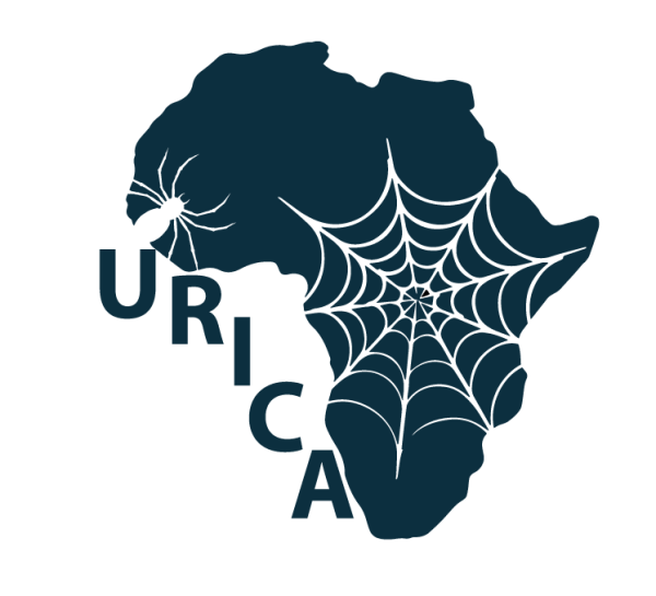 Logo for URICA. The logo is round, and shows the continent of Africa in dark blue. Overlaid in wait on the continent is a spiderweb, and a spider crawls to the right, centered over west Africa. The letters "URICA" go down the coast of Africa