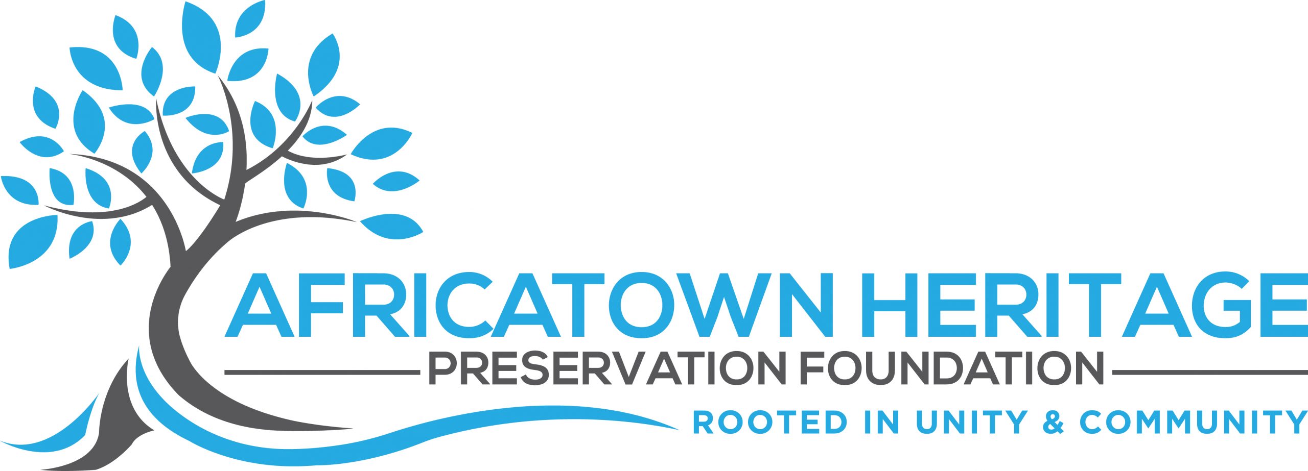 Logo. Africatown Heritage Preservations Foundation: Rooted in Unity and Community. A tree is illustrated on the left of the text. The main font is light blue and dark grey.