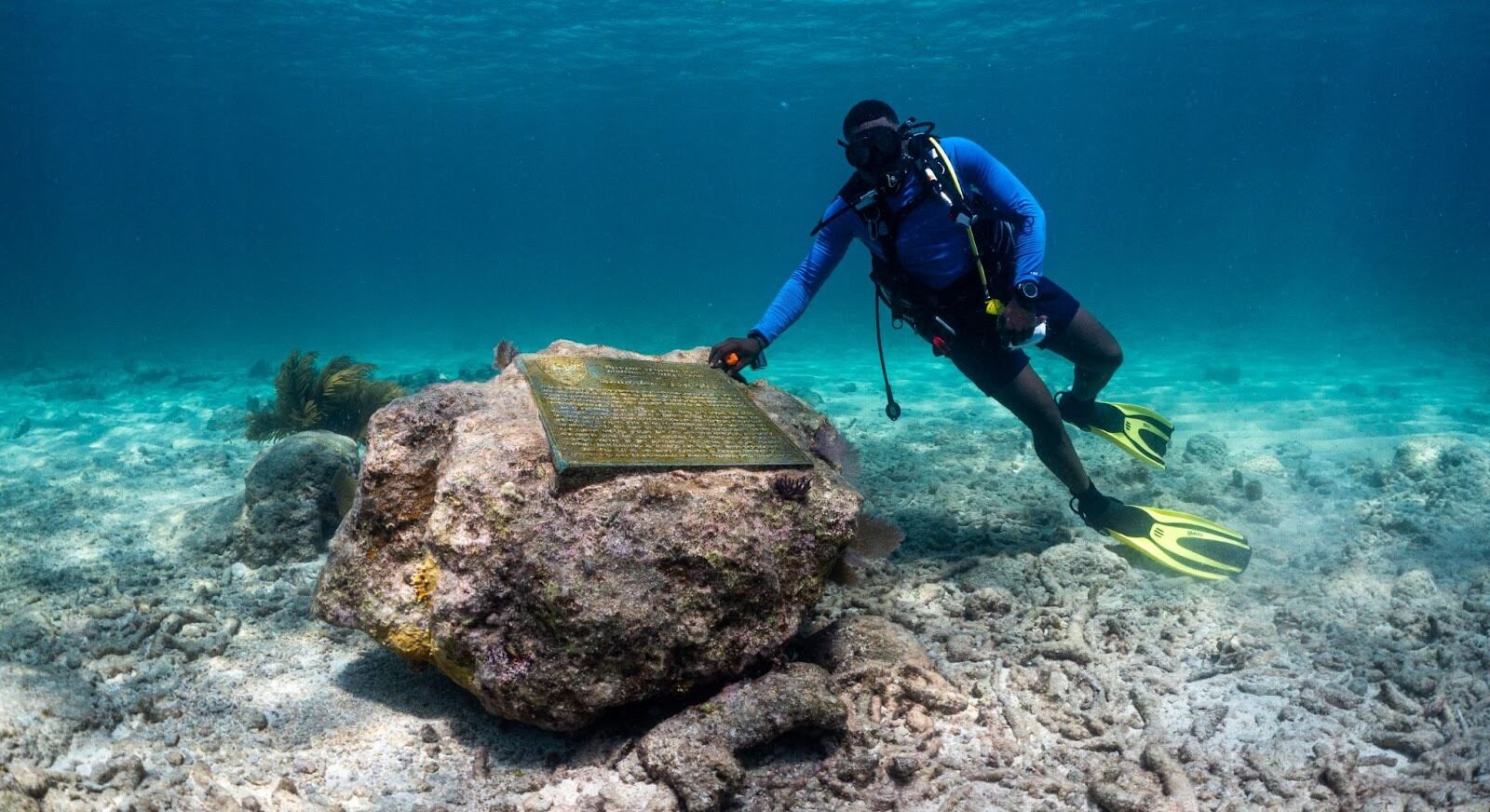 Man underwater posing with memorial looking at the camera
