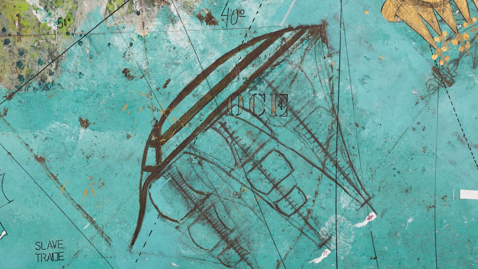 This image shows a painting of a ship painted in brown against a light blue background. This ship is upside down. Written in the bottom left corner is "Slave Trade"